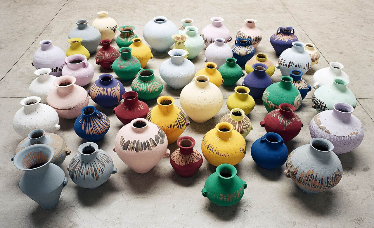 Ai Weiwei Chinese 1957–  Coloured Vases, 2006 Neolithic vases (5000-3000 BC) and industrial paint dimensions variable Image courtesy Ai Weiwei Studio © Ai Weiwei