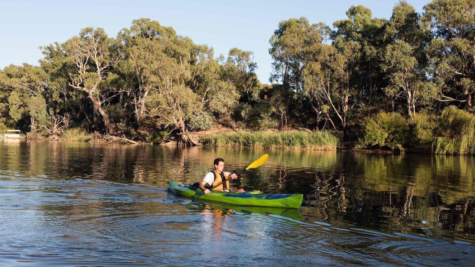 Kayaking on Murray River at Wills Bend near Echuca